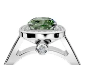 Halo Engagement Ring Setting for Fancy Green Cushion Cut Center with Outer Bezel Rim, Pave Band and Prong Head in White Gold