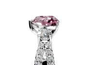 3 Stone Engagement Ring Setting for Fancy Pink Heart-Shaped Center with Pave Split Shank and Prong Head in Platinum