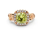 Halo Engagement Ring Setting for Fancy Yellow Cushion Cut Center with Open Scroll Shoulders and Prong Head in Rose Gold