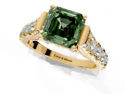 Solitaire Engagement Ring Setting for Fancy Green Asscher Cut Center with Pave Cathedral Shoulders and Prong Head in Yellow Gold