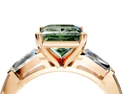 3 Stone Engagement Ring Setting for Fancy Green Princess Cut Center with Tapered Baguettes, Plain Band and Prong Head in Rose Gold