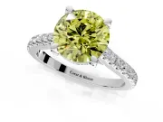 Solitaire Engagement Ring Setting for Fancy Yellow Round Cut Center with Widening Pave Band and Claw Prong Head in Platinum