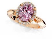 Halo Engagement Ring Setting for Fancy Pink Oval Center with Tapered Plain Band and Prong Head in Rose Gold