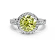 Bezel-Framed Halo Engagement Ring Setting for Fancy Yellow Round Cut Center with Pave Band and Prong Head in White Gold