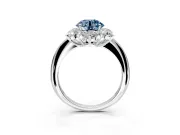 Small-Accent Cluster Halo Engagement Ring Setting for Fancy Blue Round Cut Center with Plain Band and Prong Head in Sterling Silver
