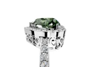 Halo Engagement Ring Setting for Fancy Green Heart-Shaped Center with Heart-Shaped Openwork, Pave Band and Prong Head in White Gold