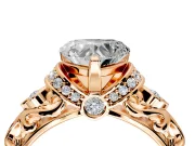 Solitaire Engagement Ring Setting for Heart-Shaped Center with Filigree Band and Prong Head in Rose Gold