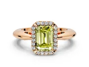Halo Engagement Ring Setting for Fancy Yellow Emerald Cut Center with Tapered Plain Band and Prong Head in Rose Gold