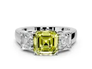3 Stone Engagement Ring Setting for Fancy Yellow Asscher Cut Center with Raised Basket Heads and Prong Head in Sterling Silver