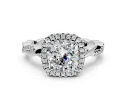 Halo Engagement Ring Setting for Cushion Cut Center with Pave and Plain Twist Band and Prong Head in Platinum