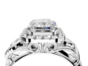 Halo Engagement Ring Setting for Radiant Cut Center with Open Scroll Shoulders and Prong Head in Platinum