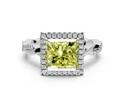 Halo Engagement Ring Setting for Fancy Yellow Princess Cut Center with Pave and Plain Twist Band and Prong Head in White Gold