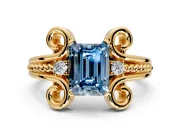 Solitaire Engagement Ring Setting for Fancy Blue Emerald Cut Center with Twisted Band and Scroll Prong Head in Yellow Gold