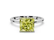 Hidden Halo Engagement Ring Setting for Fancy Yellow Princess Cut Center with Thin Round-Wire Band and Prong Head in White Gold