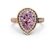 Halo Engagement Ring Setting for Fancy Pink Pear-Shaped Center with Outer Bezel Rim, Pave Band and Prong Head in Rose Gold