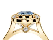 Halo Engagement Ring Setting for Fancy Blue Cushion Cut Center with Milgrain Frame, Pave Band and Prong Head in Yellow Gold