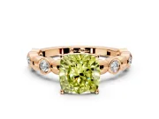 Solitaire Engagement Ring Setting for Fancy Yellow Cushion Cut Center with Beaded Bezel Station Band and Prong Head in Rose Gold