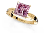 Solitaire Engagement Ring Setting for Fancy Pink Princess Cut Center with Carved Leaf Shoulders and Prong Head in Yellow Gold