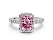 Halo Engagement Ring Setting for Fancy Pink Radiant Cut Center with Full Pave Band and Prong Head in Sterling Silver