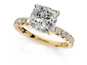 Solitaire Engagement Ring Setting for Cushion Cut Center with Shared-Prong Accents and Prong Head in Yellow Gold