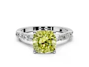 Baguette Engagement Ring Setting for Fancy Yellow Cushion Cut Center with Alternating Bar-Set Band and Prong Head in White Gold