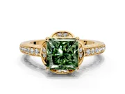 Floral Engagement Ring Setting for Fancy Green Princess Cut Center with Four Accent Clusters and Prong Head in Yellow Gold
