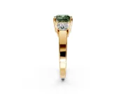 3 Stone Engagement Ring Setting for Fancy Green Cushion Cut Center with Matching Side Accents and Prong Head in Yellow Gold