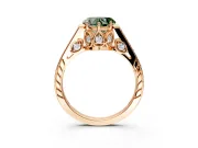 Cathedral Engagement Ring Setting for Fancy Green Heart-Shaped Center with Antique-Style Pave Band and Prong Head in Rose Gold