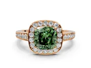 Bezel-Framed Halo Engagement Ring Setting for Fancy Green Cushion Cut Center with Pave Band and Prong Head in Rose Gold