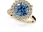 Single Halo Engagement Ring Setting for Fancy Blue Round Cut Center with Corner Claws, Plain Band and Prong Head in Yellow Gold