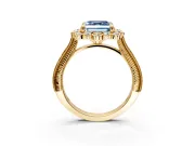 Milgrain Halo Engagement Ring Setting for Fancy Blue Asscher Cut Center with Bezel Point Accents and Prong Head in Yellow Gold