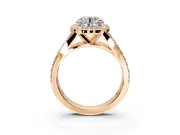 Halo Engagement Ring Setting for Round Cut Center with Narrow Pave Split Shank and Prong Head in Rose Gold