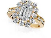 Halo Engagement Ring Setting for Emerald Cut Center with Milgrain Channel Band and Prong Head in Yellow Gold