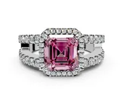 Halo Engagement Ring Setting for Fancy Pink Asscher Cut Center with Wide-Open Pave Split Shank and Prong Head in Platinum