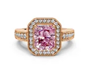 Milgrain Halo Engagement Ring Setting for Fancy Pink Radiant Cut Center with Pave Band and Prong Head in Rose Gold