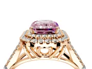 Double Halo Engagement Ring Setting for Fancy Pink Radiant Cut Center with Narrow Pave Split Shank and Prong Head in Rose Gold