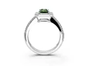 Milgrain Halo Engagement Ring Setting for Fancy Green Emerald Cut Center with Three-Sided Pave Band and Prong Head in Platinum