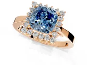 Starburst Halo Engagement Ring Setting for Fancy Blue Cushion Cut Center with Flat Cathedral Band and Prong Head in Rose Gold