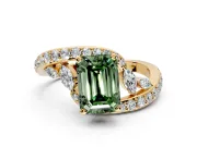Solitaire Engagement Ring Setting for Fancy Green Emerald Cut Center with Pave Bypass Twist Band and Prong Head in Yellow Gold