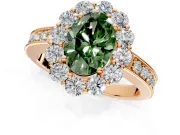 Halo Engagement Ring Setting for Fancy Green Oval Center with Milgrain Channel Band and Prong Head in Rose Gold