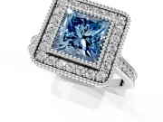 Halo Engagement Ring Setting for Fancy Blue Princess Cut Center with Milgrain Frame, Pave Band and Prong Head in Platinum