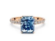 Hidden Halo Engagement Ring Setting for Fancy Blue Radiant Cut Center with Pave Band and Prong Head in Rose Gold
