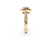 Milgrain Halo Engagement Ring Setting for Cushion Cut Center with Three-Sided Pave Band and Prong Head in Yellow Gold