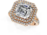 Double Halo Engagement Ring Setting for Asscher Cut Center with Narrow Pave Split Shank and Prong Head in Rose Gold