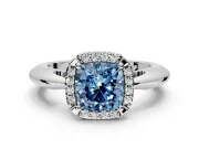 Halo Engagement Ring Setting for Fancy Blue Cushion Cut Center with Tapered Plain Band and Prong Head in Platinum