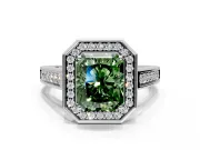 Halo Engagement Ring Setting for Fancy Green Emerald Cut Center with Outer Bezel Rim, Pave Band and Prong Head in Platinum