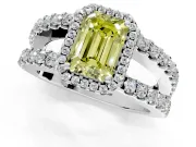 Halo Engagement Ring Setting for Fancy Yellow Emerald Cut Center with Wide-Open Pave Split Shank and Prong Head in Platinum