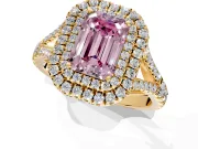 Double Halo Engagement Ring Setting for Fancy Pink Emerald Cut Center with Narrow Pave Split Shank and Prong Head in Yellow Gold