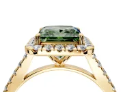 Halo Engagement Ring Setting for Fancy Green Princess Cut Center with Narrowing Pave Band and Prong Head in Yellow Gold