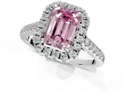 Halo Engagement Ring Setting for Fancy Pink Emerald Cut Center with Narrowing Pave Band and Prong Head in White Gold